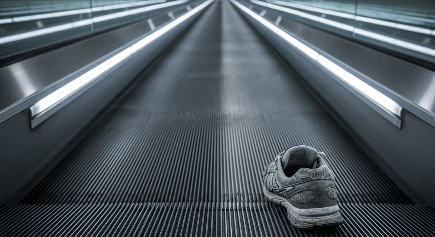 無限に動き続けるトレッドミル上に置かれた、一足の古びた靴。