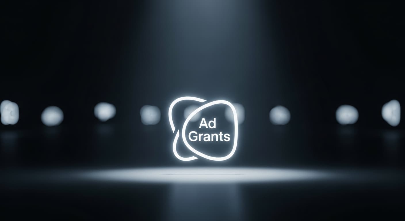 暗い背景にぼんやりと見える他のサービスを背景に、明るい光に照らされた「Ad Grants」というロゴのような抽象的な形が浮かび上がっている。