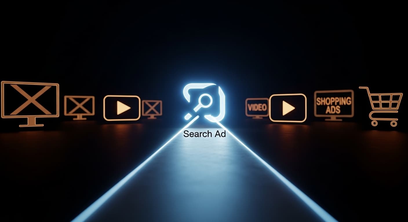 多くのデジタル広告のアイコンが並ぶ中、特にGoogle検索広告を象徴するアイコンだけが明るく照らされ、そこへ続く道が開かれている様子。