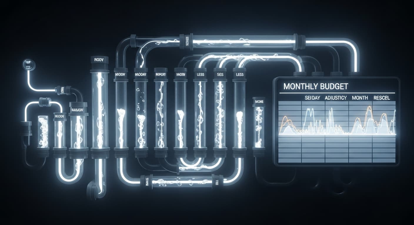 A complex system of transparent tubes and reservoirs representing a monthly budget, with a bright, luminous liquid flowing through daily, varying in amount, and the entire system resetting at month-end.