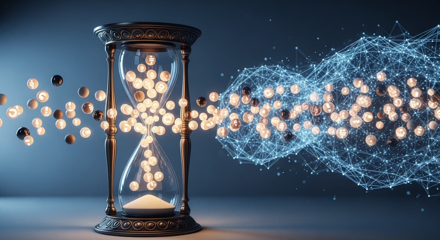 Countless individual, glowing orbs of light attempting to pass through a narrow, ornate, antiquated hourglass, with a smooth, flowing, interconnected digital network pattern gently pulsing in the background.