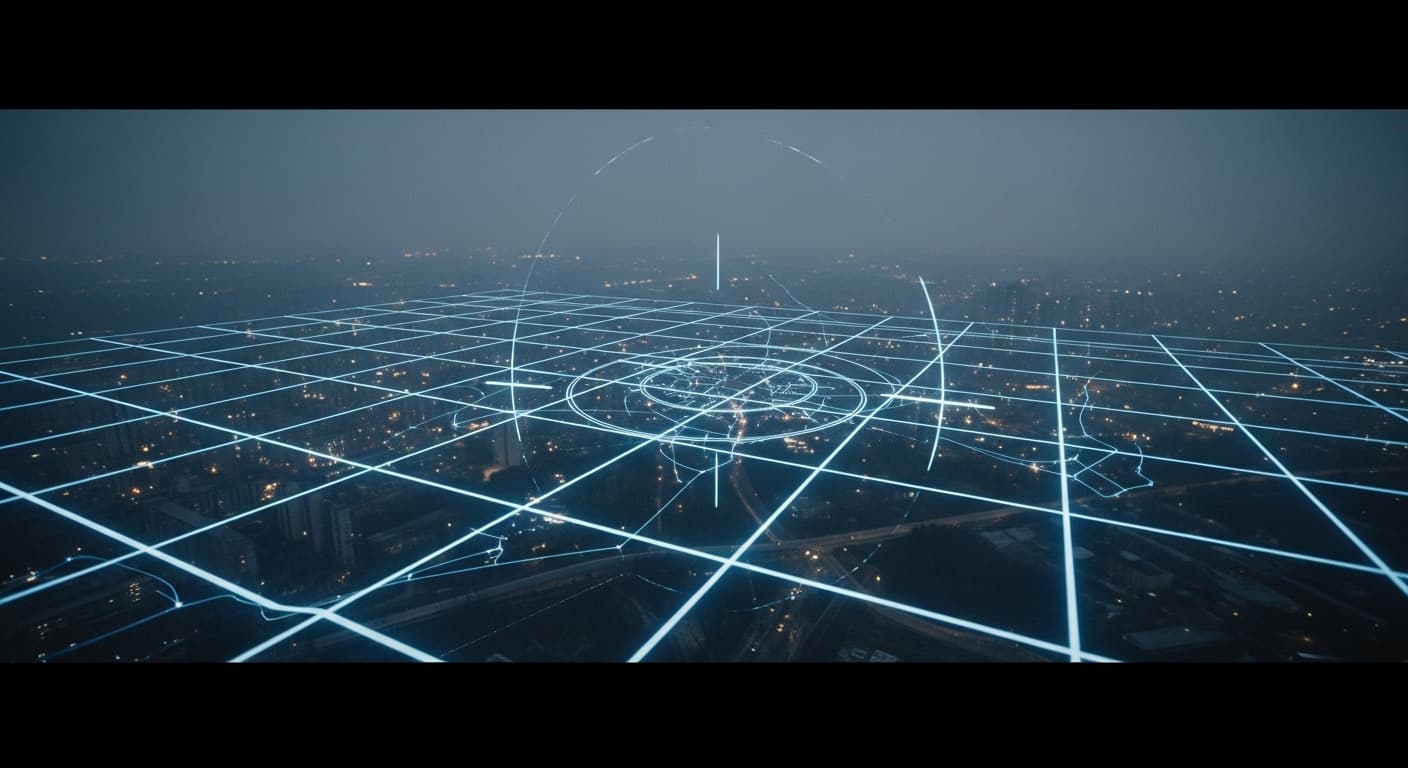 An image of a grid of light symbolizing precision and danger overlaid on the silhouette of a subtly damaged city.