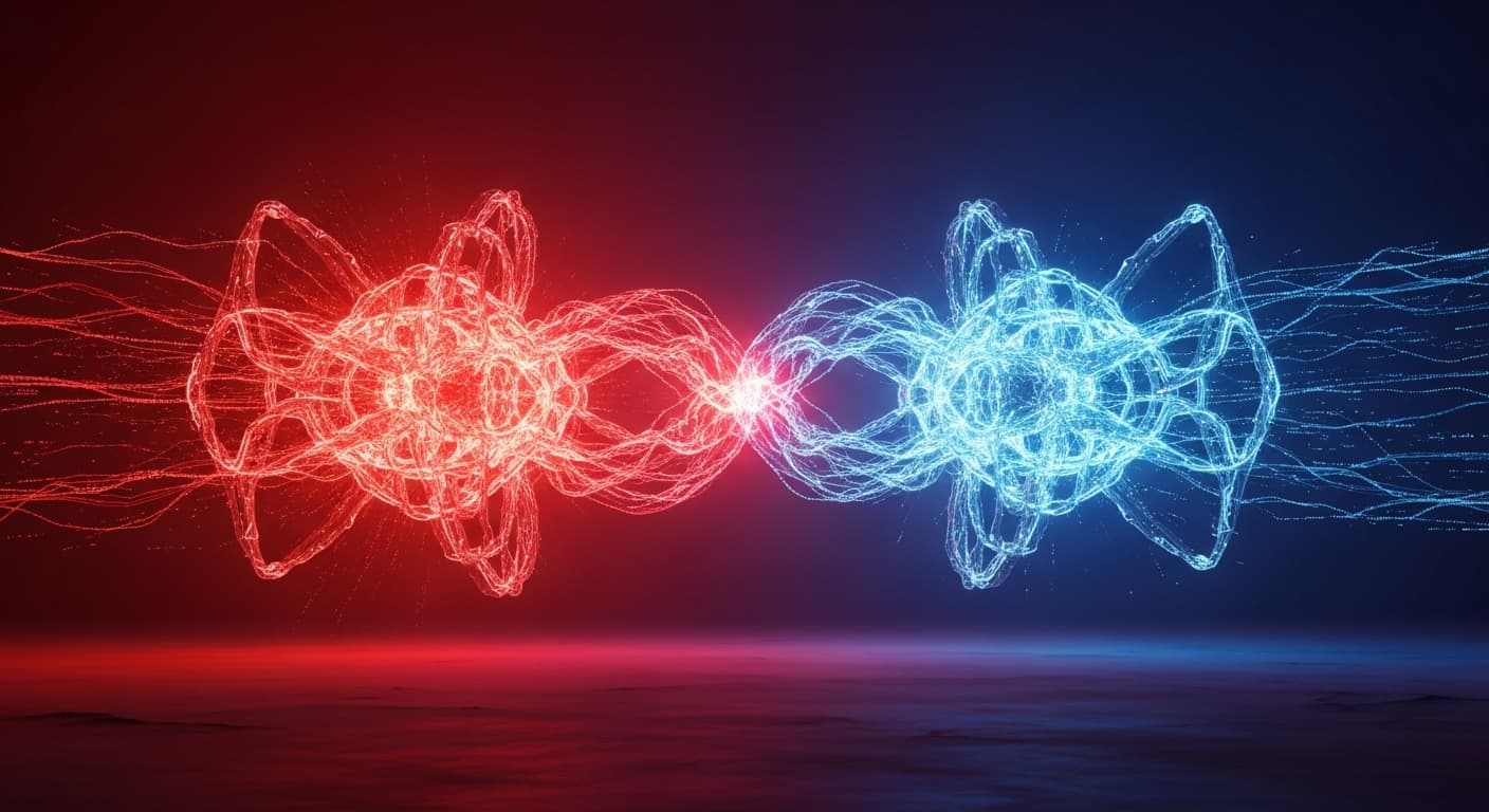A visualization of two distinct abstract forces in tension, symbolizing technological dominance and ethical constraints.