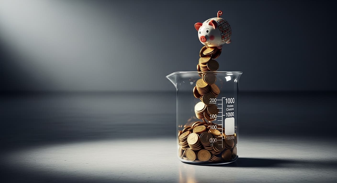 無数の硬貨が小さな貯金箱から溢れ出て、巨大な計量カップの中へと流れ込むが、計量カップはまだほとんど空である。