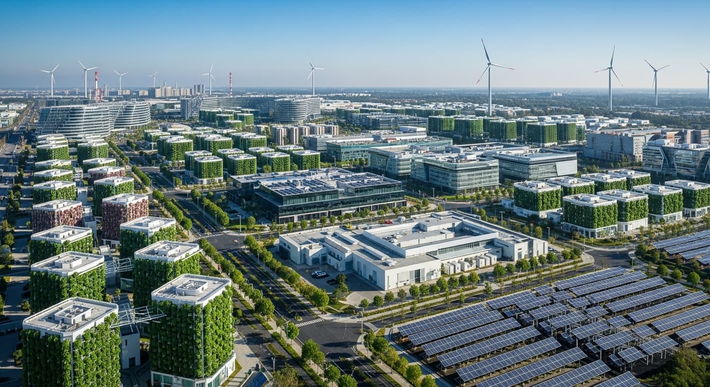 太陽光発電と風力発電で駆動する、近代的で活気ある都市の鳥瞰図。