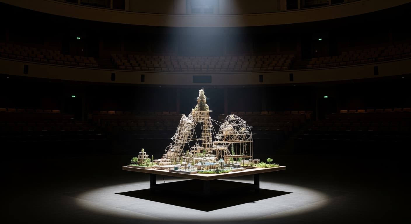 広大な展示ホールに置かれた、複雑で未完成な建築模型。