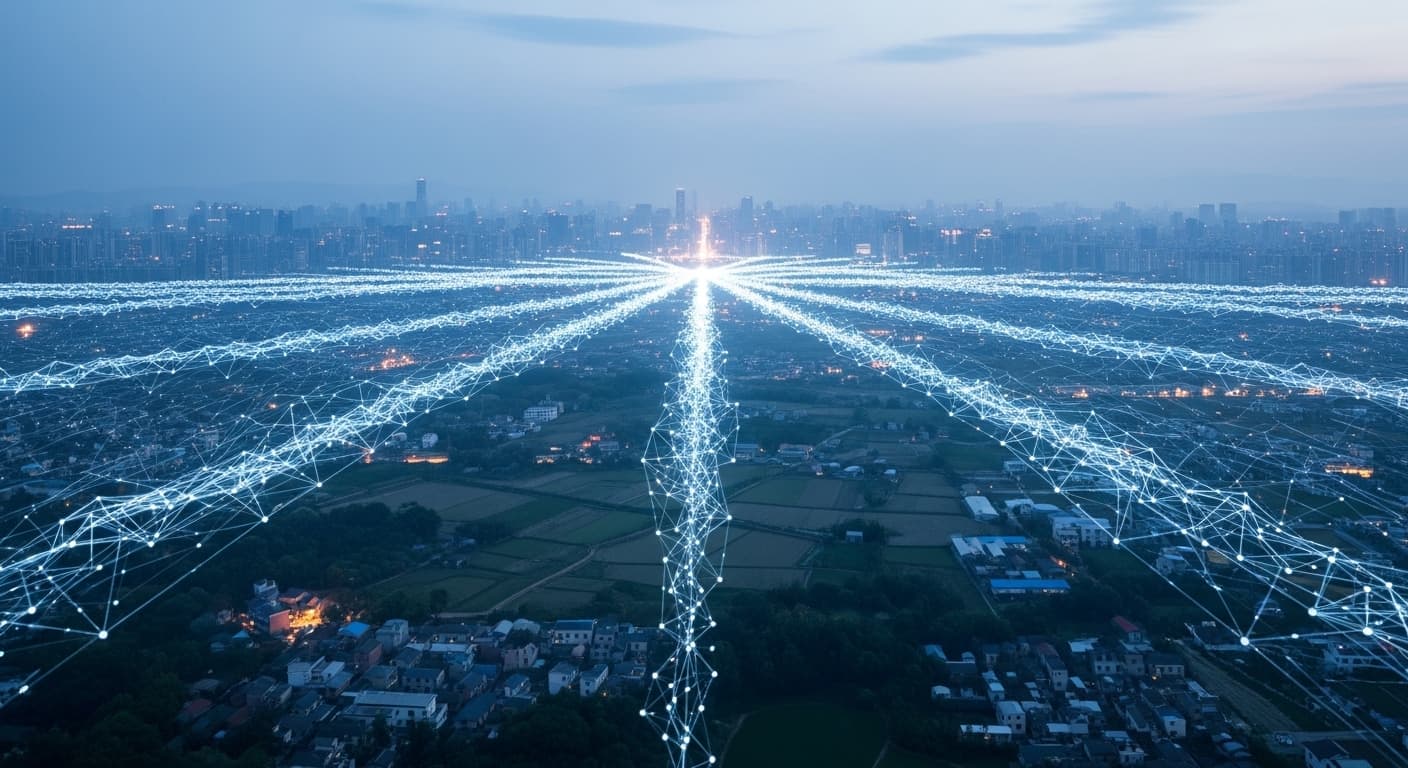 A cinematic photograph showing a digital network overlaying modern city skyscrapers, appearing disconnected from an older, more traditional rural building below, symbolizing the disparity in digital access and resources.