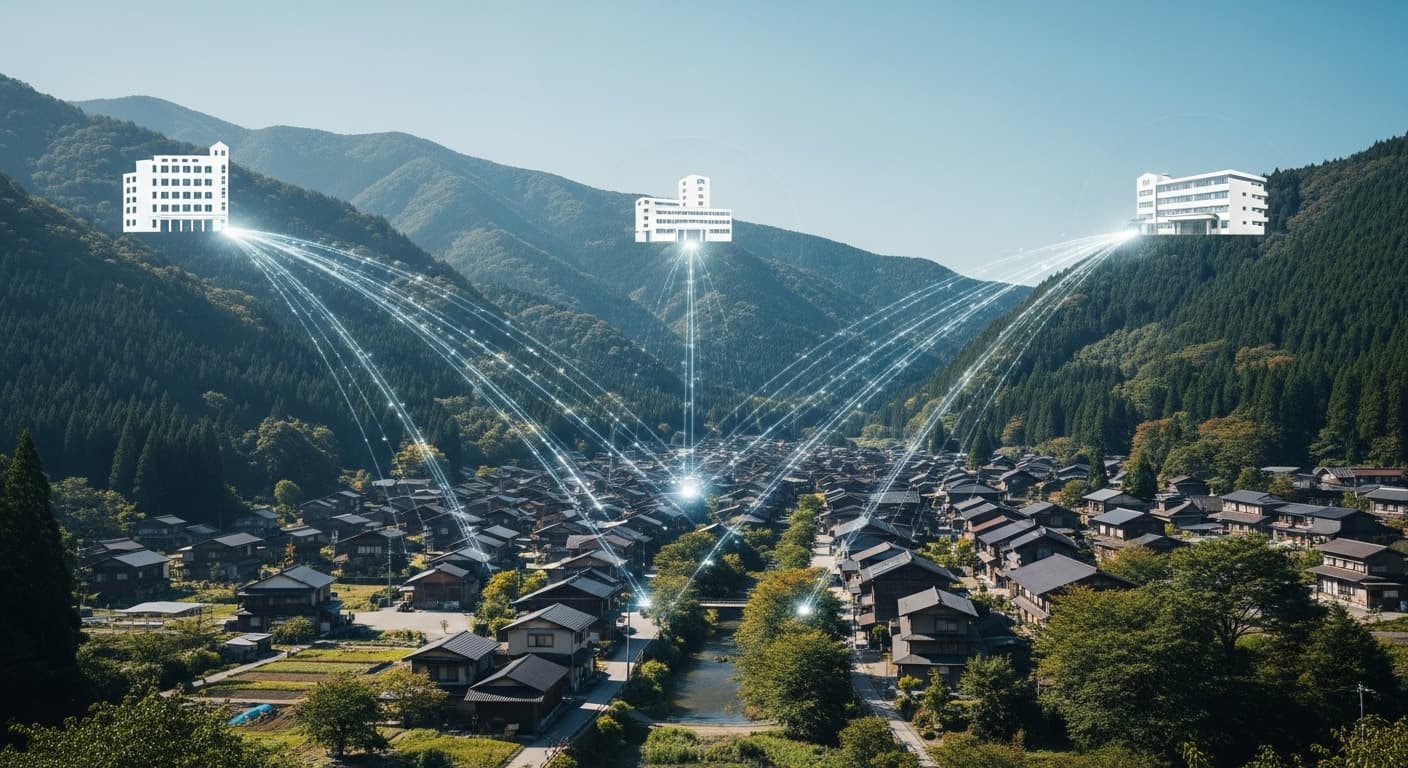 丘陵地の小さな村を、空中に伸びる複数の光の線が巨大なデジタルブリッジのように都市へと繋ぐ夜景。