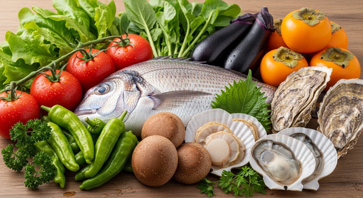 Fresh local vegetables and seafood on a rustic surface