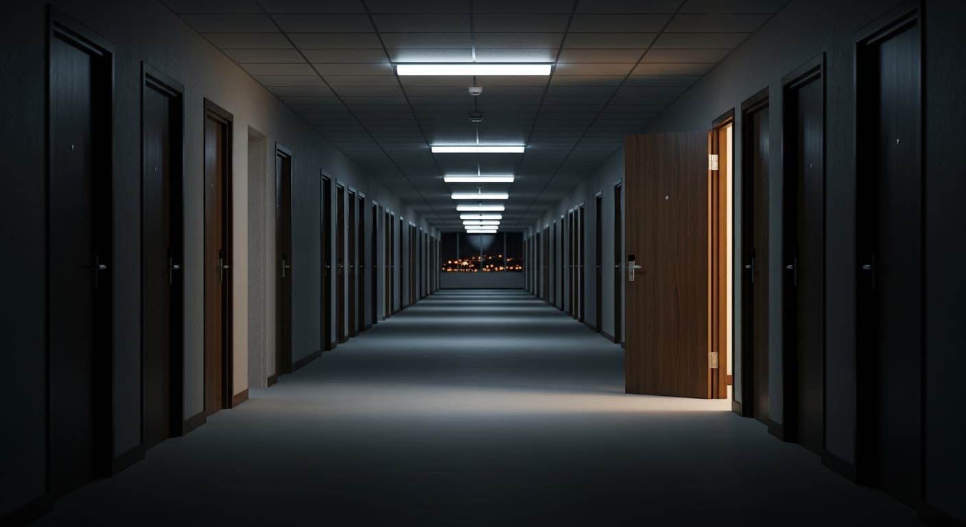 Empty hotel corridor at night